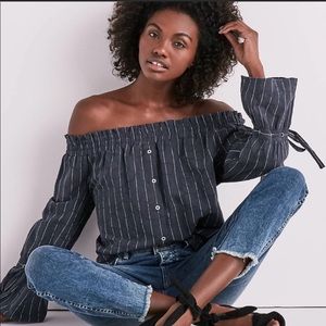 NWT Lucky Brand Linen Blend Off The Shoulder Arm Tie Shirt